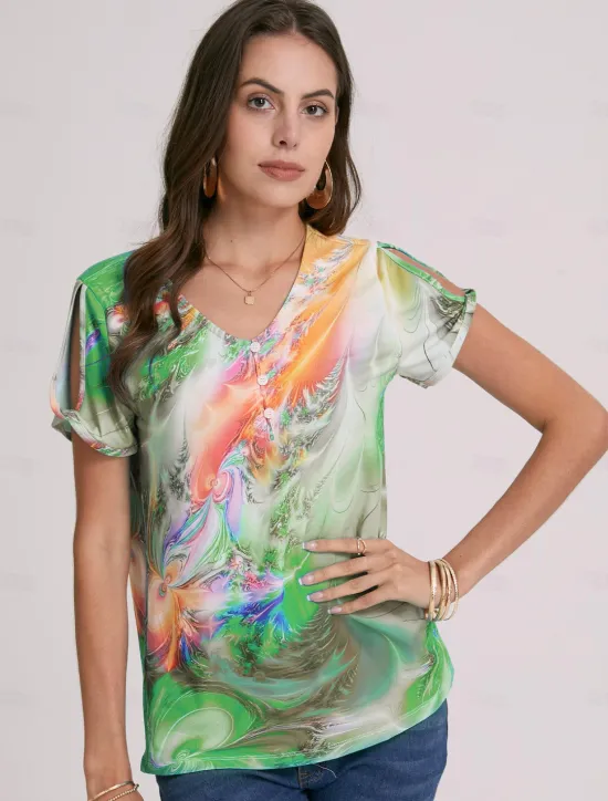 Hot Women's T Shirt Henley Shirt Graphic Basic Neon & Bright Short Sleeve V Neck Regular Tops Daily Weekend Buttons Cut Out Print Blue Purple Green Women T-Shirts