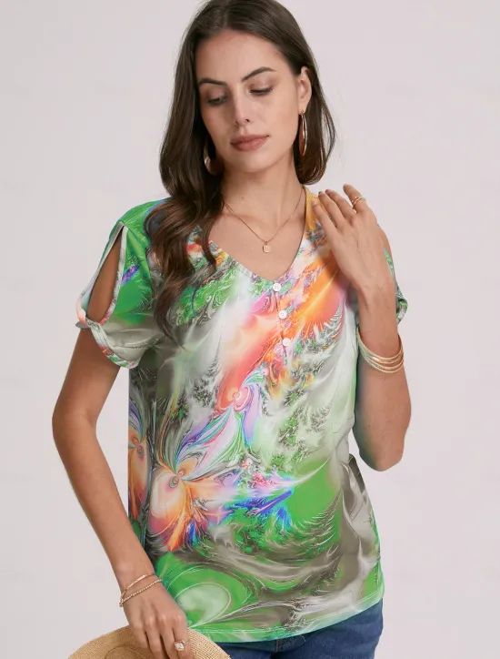 Hot Women's T Shirt Henley Shirt Graphic Basic Neon & Bright Short Sleeve V Neck Regular Tops Daily Weekend Buttons Cut Out Print Blue Purple Green Women T-Shirts