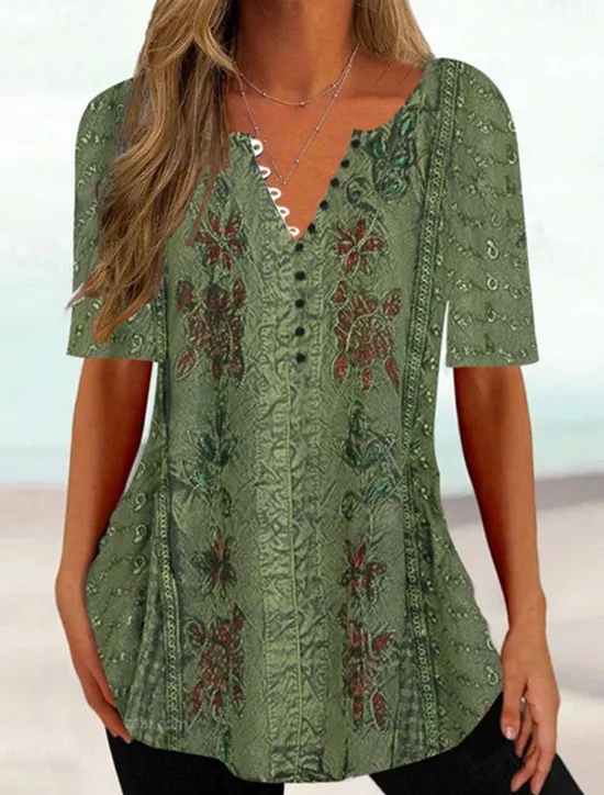 Women's T Shirt Henley Shirt Floral Tunic Basic Short Sleeve Round Neck Regular Tops Holiday Weekend Buttons Print White Yellow Light Green Blue Green Women Tunic Tops
