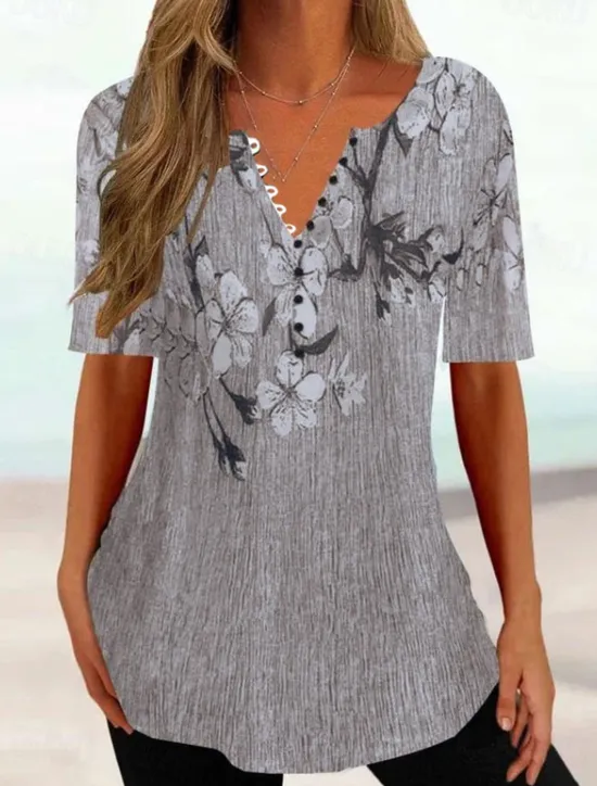 Women's T Shirt Henley Shirt Floral Tunic Basic Short Sleeve Round Neck Regular Tops Holiday Weekend Buttons Print White Yellow Light Green Blue Green Women Tunic Tops