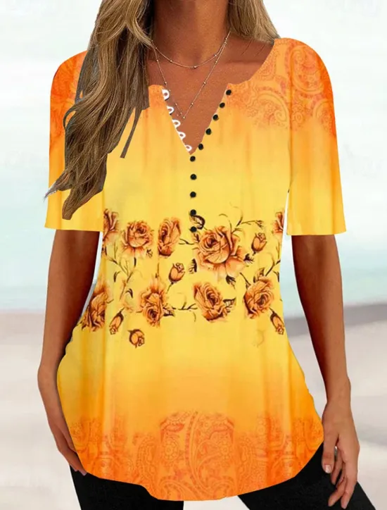 Women's T Shirt Henley Shirt Floral Tunic Basic Short Sleeve Round Neck Regular Tops Holiday Weekend Buttons Print White Yellow Light Green Blue Green Women Tunic Tops