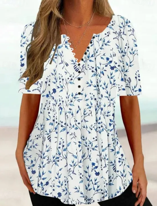 Women's T Shirt Henley Shirt Floral Tunic Basic Short Sleeve Round Neck Regular Tops Holiday Weekend Buttons Print White Yellow Light Green Blue Green Women Tunic Tops
