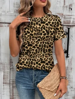 Sale Women's T Shirt Leopard Casual Short Sleeve Round Neck Regular Tops Daily Print Summer Women T-Shirts