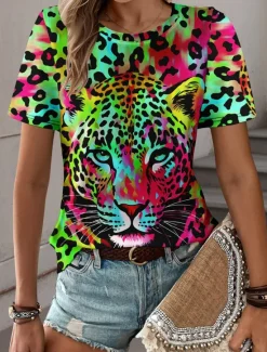Discount Women's T Shirt Leopard Fashion Short Sleeve Crew Neck Regular Tops Daily Weekend Print Blue Purple Fuchsia Green Gray Summer Women T-Shirts