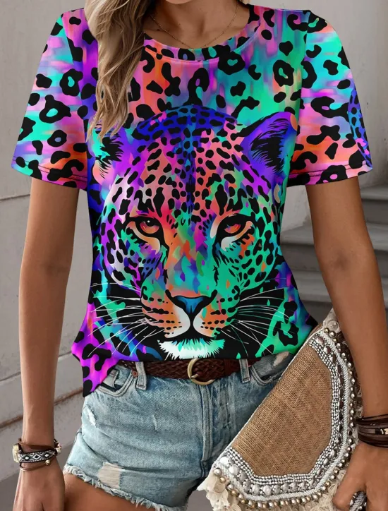 Discount Women's T Shirt Leopard Fashion Short Sleeve Crew Neck Regular Tops Daily Weekend Print Blue Purple Fuchsia Green Gray Summer Women T-Shirts