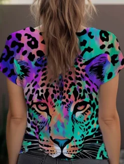 Discount Women's T Shirt Leopard Fashion Short Sleeve Crew Neck Regular Tops Daily Weekend Print Blue Purple Fuchsia Green Gray Summer Women T-Shirts