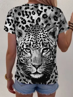 Discount Women's T Shirt Leopard Fashion Short Sleeve Crew Neck Regular Tops Daily Weekend Print Blue Purple Fuchsia Green Gray Summer Women T-Shirts