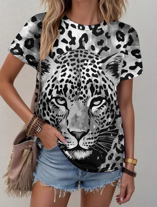 Discount Women's T Shirt Leopard Fashion Short Sleeve Crew Neck Regular Tops Daily Weekend Print Blue Purple Fuchsia Green Gray Summer Women T-Shirts