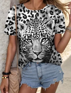 Discount Women's T Shirt Leopard Fashion Short Sleeve Crew Neck Regular Tops Daily Weekend Print Blue Purple Fuchsia Green Gray Summer Women T-Shirts