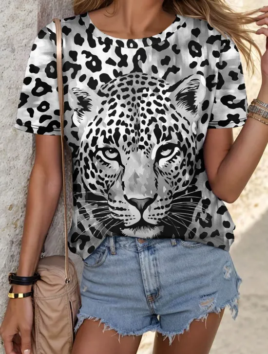 Discount Women's T Shirt Leopard Fashion Short Sleeve Crew Neck Regular Tops Daily Weekend Print Blue Purple Fuchsia Green Gray Summer Women T-Shirts