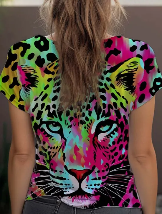 Discount Women's T Shirt Leopard Fashion Short Sleeve Crew Neck Regular Tops Daily Weekend Print Blue Purple Fuchsia Green Gray Summer Women T-Shirts