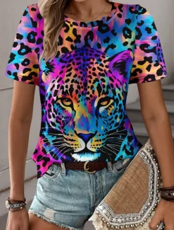 Discount Women's T Shirt Leopard Fashion Short Sleeve Crew Neck Regular Tops Daily Weekend Print Blue Purple Fuchsia Green Gray Summer Women T-Shirts