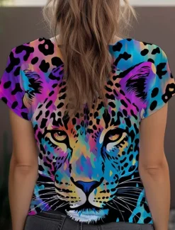 Discount Women's T Shirt Leopard Fashion Short Sleeve Crew Neck Regular Tops Daily Weekend Print Blue Purple Fuchsia Green Gray Summer Women T-Shirts