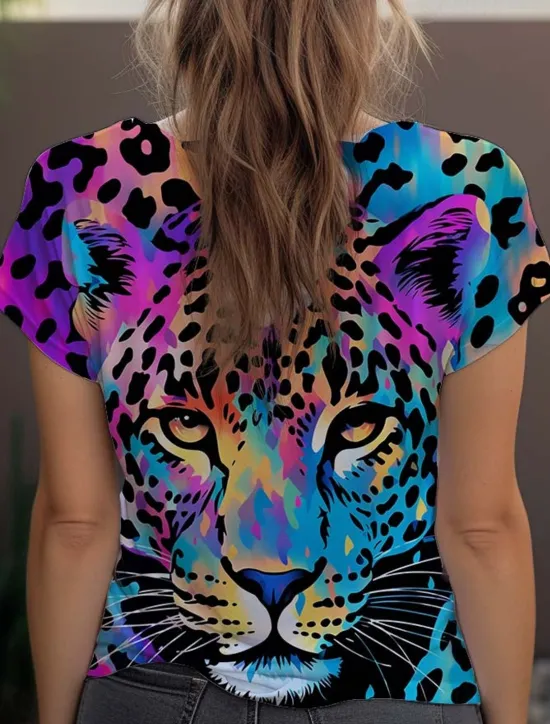 Discount Women's T Shirt Leopard Fashion Short Sleeve Crew Neck Regular Tops Daily Weekend Print Blue Purple Fuchsia Green Gray Summer Women T-Shirts