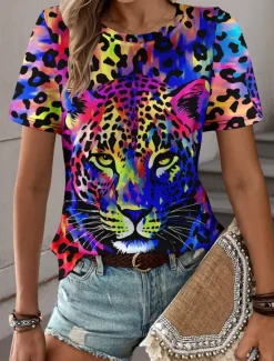 Discount Women's T Shirt Leopard Fashion Short Sleeve Crew Neck Regular Tops Daily Weekend Print Blue Purple Fuchsia Green Gray Summer Women T-Shirts