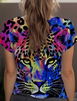 Discount Women's T Shirt Leopard Fashion Short Sleeve Crew Neck Regular Tops Daily Weekend Print Blue Purple Fuchsia Green Gray Summer Women T-Shirts