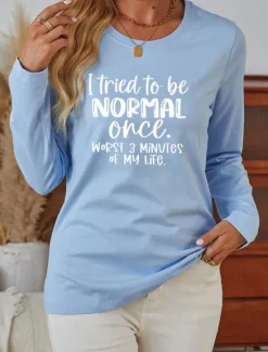 Women's T Shirt Letter Casual Long Sleeve Round Neck Regular Tops Daily Weekend Print Black Blue Fall Winter Women T-Shirts
