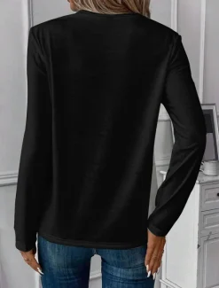 Women's T Shirt Letter Casual Long Sleeve Round Neck Regular Tops Daily Weekend Print Black Blue Fall Winter Women T-Shirts