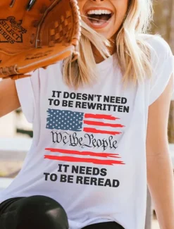 Clearance Women's T Shirt Letter USA Casual Short Sleeve Round Neck Regular Tops Vacation Independence Day Print Summer Women T-Shirts