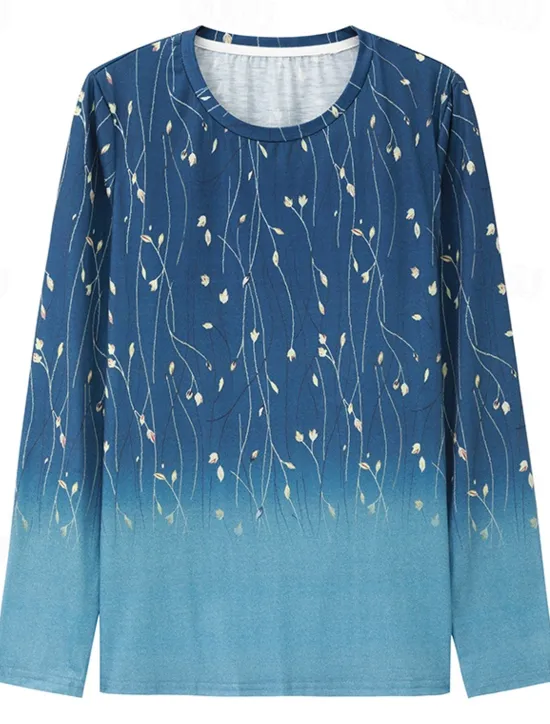 Best Women's T shirt Long Sleeve Crew Neck Long Sleeve Tunic Elegant Basic Floral Print Regular Tops Round Neck Holiday Weekend Blue Fuchsia Gray Light Blue Fall & Winter Prefall Women Spring Tops