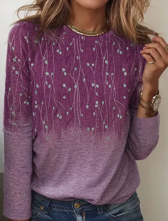 Best Women's T shirt Long Sleeve Crew Neck Long Sleeve Tunic Elegant Basic Floral Print Regular Tops Round Neck Holiday Weekend Blue Fuchsia Gray Light Blue Fall & Winter Prefall Women Spring Tops