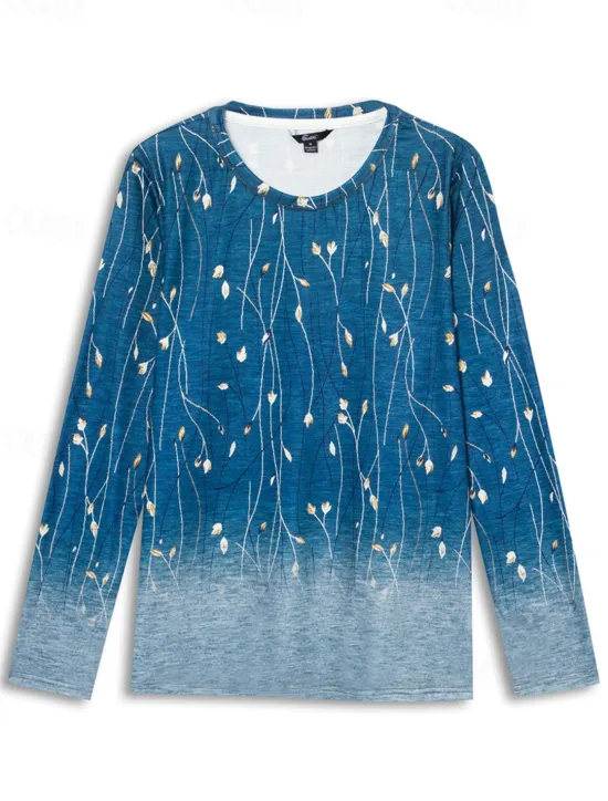 Best Women's T shirt Long Sleeve Crew Neck Long Sleeve Tunic Elegant Basic Floral Print Regular Tops Round Neck Holiday Weekend Blue Fuchsia Gray Light Blue Fall & Winter Prefall Women Spring Tops