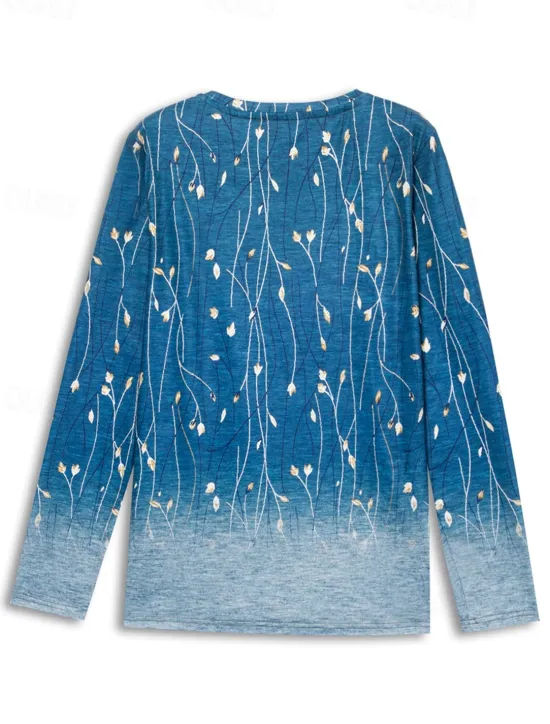 Best Women's T shirt Long Sleeve Crew Neck Long Sleeve Tunic Elegant Basic Floral Print Regular Tops Round Neck Holiday Weekend Blue Fuchsia Gray Light Blue Fall & Winter Prefall Women Spring Tops