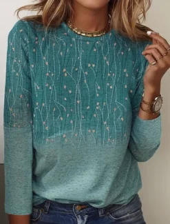 Best Women's T shirt Long Sleeve Crew Neck Long Sleeve Tunic Elegant Basic Floral Print Regular Tops Round Neck Holiday Weekend Blue Fuchsia Gray Light Blue Fall & Winter Prefall Women Spring Tops