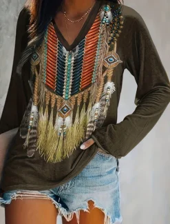 Women's T shirt Long Sleeve V Neck Long Sleeve Tunic Vintage Ethnic Print Regular Tops Vacation Spring Fall Prefall Women Boho Tops