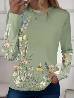 New Women's T shirt Long Sleeve Crew Neck Long Sleeve Tunic Floral Casual Regular Tops Daily Print Sage Green Pink Blue Sky Blue Purple Spring Fall Prefall Women Spring Tops