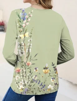 New Women's T shirt Long Sleeve Crew Neck Long Sleeve Tunic Floral Casual Regular Tops Daily Print Sage Green Pink Blue Sky Blue Purple Spring Fall Prefall Women Spring Tops