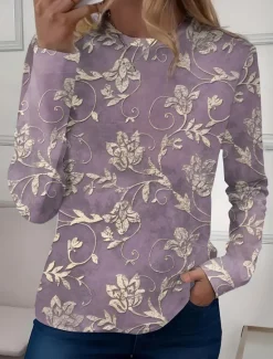 New Women's T shirt Long Sleeve Crew Neck Long Sleeve Tunic Floral Casual Regular Tops Daily Print Sage Green Pink Blue Sky Blue Purple Spring Fall Prefall Women Spring Tops