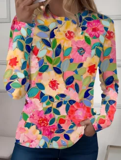 New Women's T shirt Long Sleeve Crew Neck Long Sleeve Tunic Floral Casual Regular Tops Daily Print Sage Green Pink Blue Sky Blue Purple Spring Fall Prefall Women Spring Tops