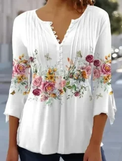 Clearance Women's T shirt Long Sleeve Basic Floral Buttons Print 3/4 Length Sleeve Regular Tops Round Neck Casual Holiday Prefall Women Spring Tops