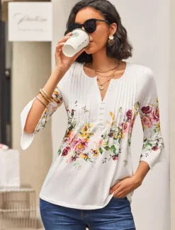 Clearance Women's T shirt Long Sleeve Basic Floral Buttons Print 3/4 Length Sleeve Regular Tops Round Neck Casual Holiday Prefall Women Spring Tops