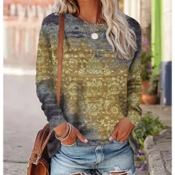 Clearance Women's T shirt Long Sleeve Crew Neck Long Sleeve Tunic Graphic Vintage Ethnic Round Neck Regular Tops Daily Weekend Print Red Blue Purple Orange Green Fall & Winter Prefall Women Boho Tops