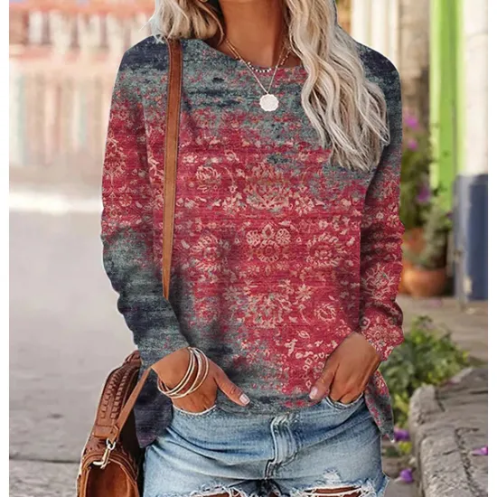 Clearance Women's T shirt Long Sleeve Crew Neck Long Sleeve Tunic Graphic Vintage Ethnic Round Neck Regular Tops Daily Weekend Print Red Blue Purple Orange Green Fall & Winter Prefall Women Boho Tops