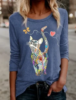 New Women's T shirt Long Sleeve Floral Graphic Cat Vintage Stylish Classic Long Sleeve Crew Neck Regular Tops Daily Print Black Blue Green Spring Fall Prefall Women T-Shirts