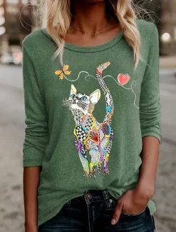 New Women's T shirt Long Sleeve Floral Graphic Cat Vintage Stylish Classic Long Sleeve Crew Neck Regular Tops Daily Print Black Blue Green Spring Fall Prefall Women T-Shirts