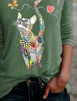 New Women's T shirt Long Sleeve Floral Graphic Cat Vintage Stylish Classic Long Sleeve Crew Neck Regular Tops Daily Print Black Blue Green Spring Fall Prefall Women T-Shirts