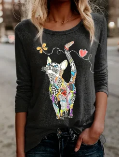 New Women's T shirt Long Sleeve Floral Graphic Cat Vintage Stylish Classic Long Sleeve Crew Neck Regular Tops Daily Print Black Blue Green Spring Fall Prefall Women T-Shirts