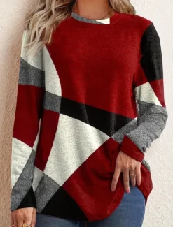 Online Women's T shirt Long Sleeve Crew Neck Long Sleeve Tunic Argyle Pattern Cozy Plush Pullover Red Black Gray White Round Neck Casual Elegant Warm Autumn Winter Clothing Apparel Prefall Women Spring Tops