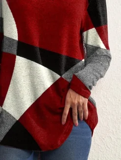 Online Women's T shirt Long Sleeve Crew Neck Long Sleeve Tunic Argyle Pattern Cozy Plush Pullover Red Black Gray White Round Neck Casual Elegant Warm Autumn Winter Clothing Apparel Prefall Women Spring Tops