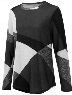 Online Women's T shirt Long Sleeve Crew Neck Long Sleeve Tunic Argyle Pattern Cozy Plush Pullover Red Black Gray White Round Neck Casual Elegant Warm Autumn Winter Clothing Apparel Prefall Women Spring Tops