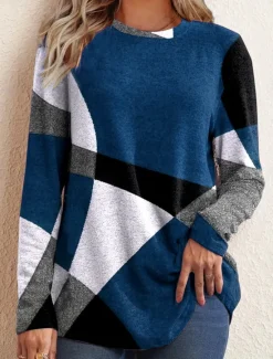Online Women's T shirt Long Sleeve Crew Neck Long Sleeve Tunic Argyle Pattern Cozy Plush Pullover Red Black Gray White Round Neck Casual Elegant Warm Autumn Winter Clothing Apparel Prefall Women Spring Tops