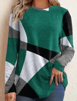 Online Women's T shirt Long Sleeve Crew Neck Long Sleeve Tunic Argyle Pattern Cozy Plush Pullover Red Black Gray White Round Neck Casual Elegant Warm Autumn Winter Clothing Apparel Prefall Women Spring Tops
