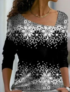 Clearance Women's T shirt Long Sleeve Floral Graphic Plants Vintage Stylish Basic Long Sleeve V Neck Off Shoulder Regular Tops Weekend Print Asymmetrical Spring, Fall, Winter, Prefall Women T-Shirts