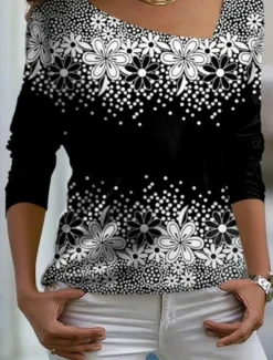 Clearance Women's T shirt Long Sleeve Floral Graphic Plants Vintage Stylish Basic Long Sleeve V Neck Off Shoulder Regular Tops Weekend Print Asymmetrical Spring, Fall, Winter, Prefall Women T-Shirts