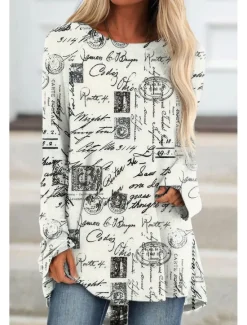 Best Women's T shirt Long Sleeve Tee Tunic Black White Yellow Graphic Floral Print Long Sleeve Casual Weekend Tunic Vintage Round Neck Long Regular Fit Abstract Painting Plus Size L Prefall Women Tunic Tops
