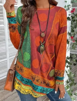 Hot Women's T shirt Long Sleeve Vintage Ethnic Casual Print Long Sleeve Long Tops Crew Neck Daily Red Purple Green Fall Winter Prefall Women Spring Tops|Boho Tops